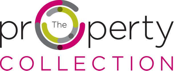 The Property Collection logo with pink, grey, and green circular accents.